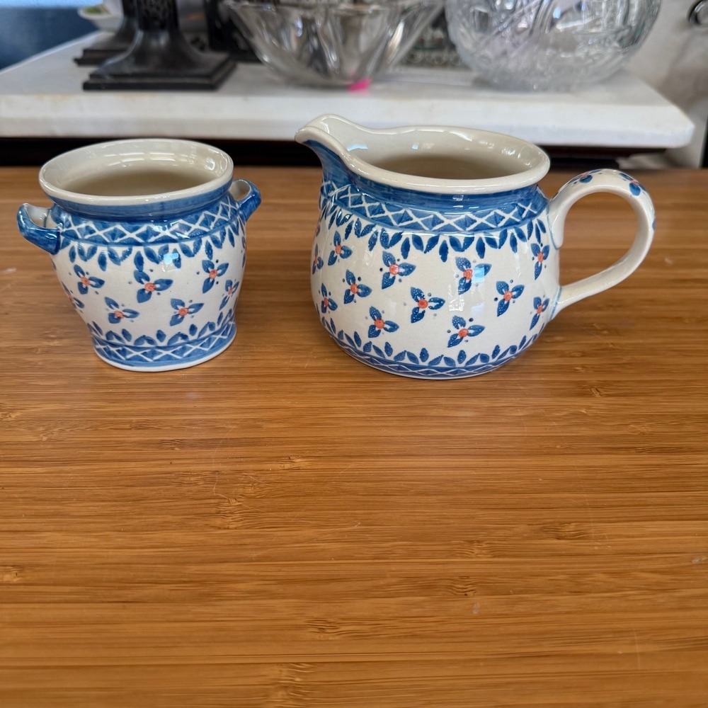 WIZA Boleslawiec Polish Pottery Cream Pitcher + Open‎ Bowl Flawless Condition